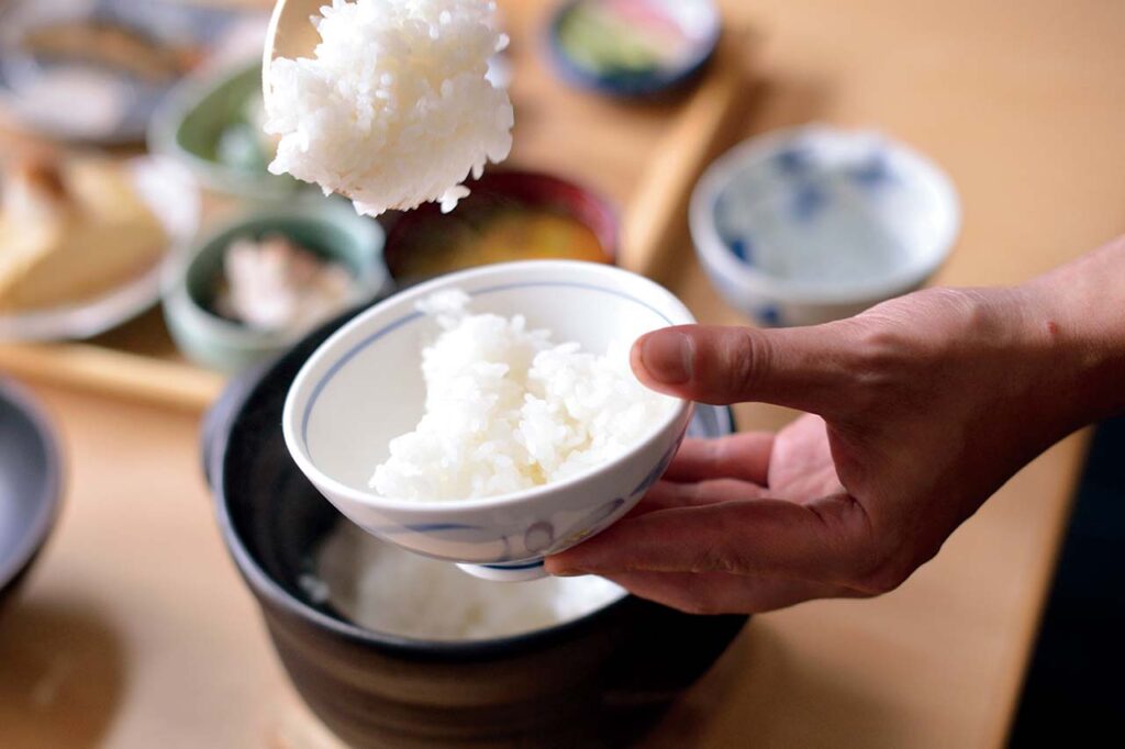 Freshly cooked rice in an earthenware pot with seasonal vegetables Imari