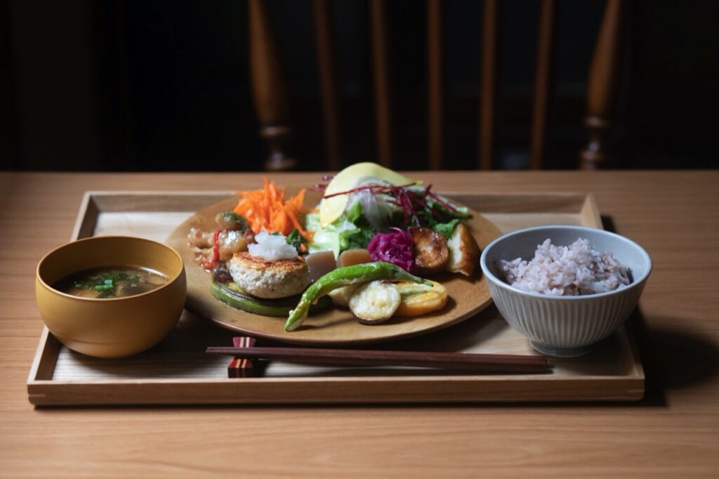 Food and forest tofu hamburger and Kyoto obanzai plate