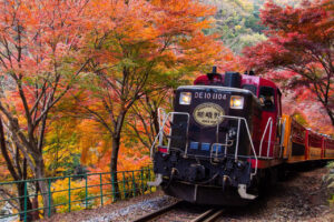 Sagano Trolley Train" runs through the Hozukyo Gorge.