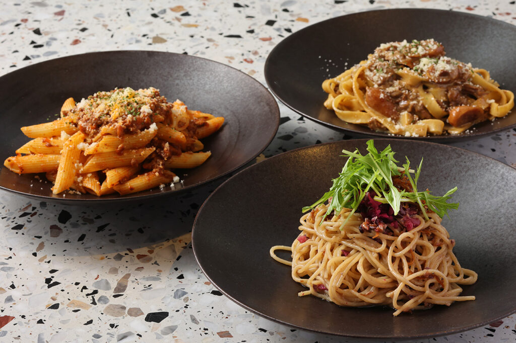 Peperoncino by Together&Co. Chirimen Sansho and Shibazuke pickles, Bolognese penne with the texture of medium ground minced meat, and Porcini cream fettuccine enhanced by the delicious flavor and mellow aroma of porcini mushrooms