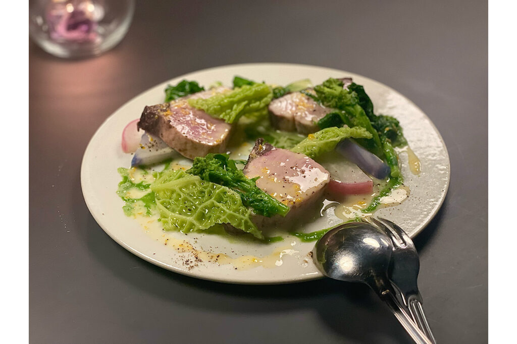 sauteed ondorio yellowtail with yuzu butter and rape blossoms two kinds of sauce