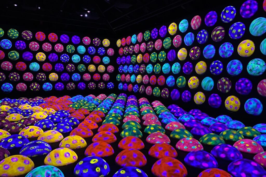 チームラボ バイオヴォルテックス 京都の「あおむしハウスの高速回転跳ね球」