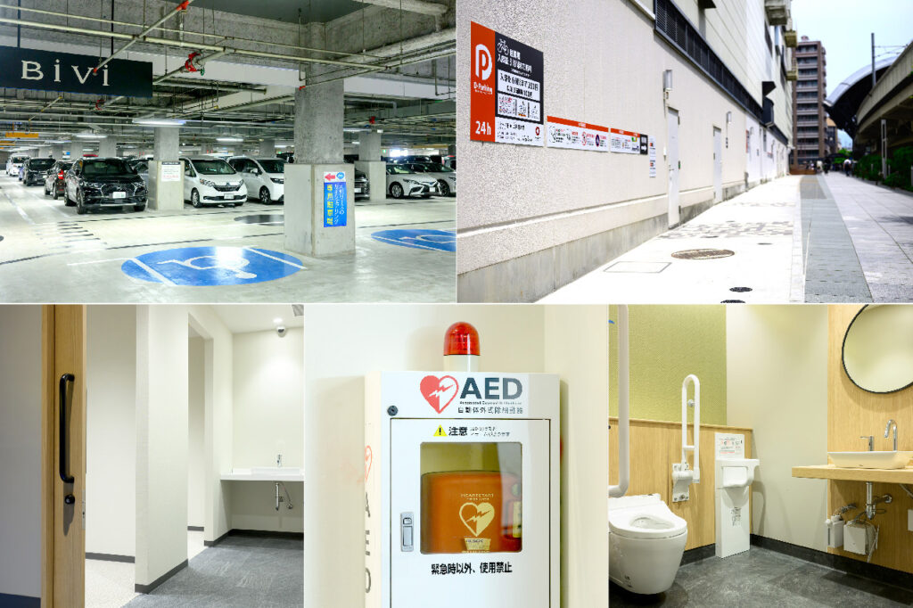 館内設備（駐車場、駐輪場、多目的トイレ、AED、祈祷室）