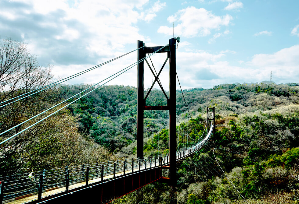 延長280ｍ、最高地上高50mの木床板人道吊り橋